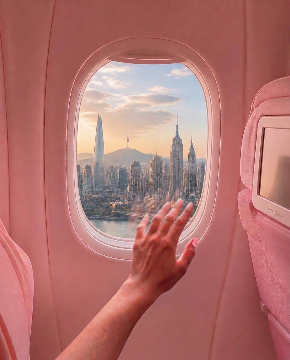 Pink airplane cabin window with a blended Seoul and New York City skyline